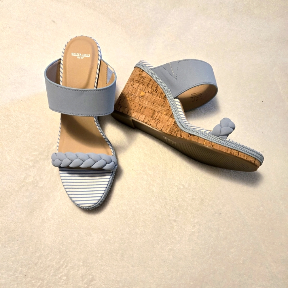 Draper James RSVP New Blue Cork Wedge Platform Sandals Braided Strap Size 10
